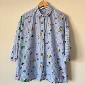 Zara Trafaluc Women's Medium Fruit Print Striped Button Down Shirt Blue White